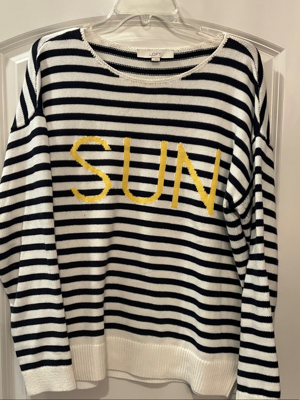 LOFT Black & White Striped Crewneck Sweater with Yellow SUN